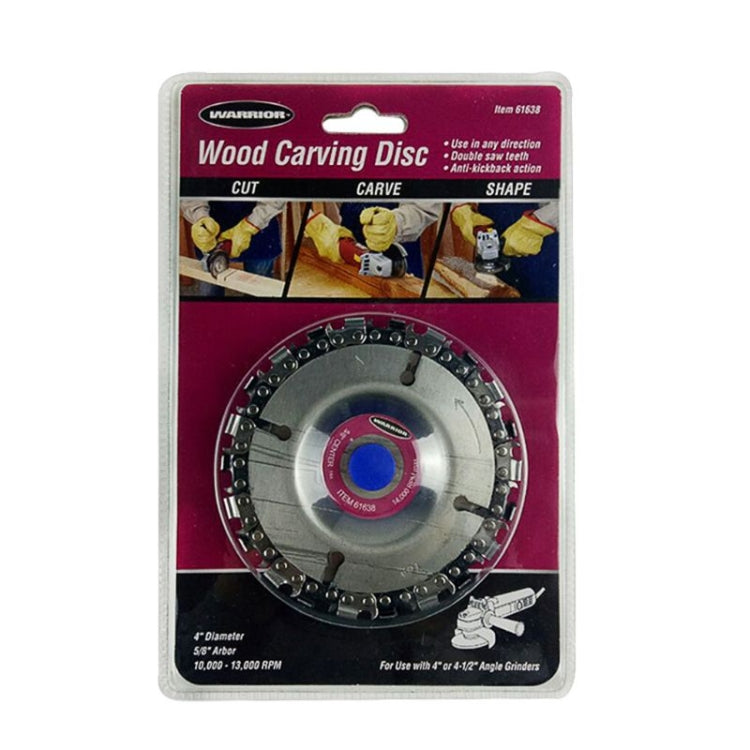 Wood carving disc retail package card with circular disc image and icons