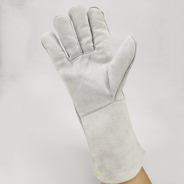 Light gray suede work glove with long cuff and finger seams, single glove