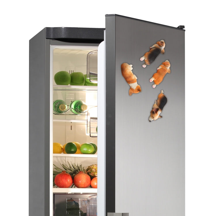 Magnetic corgi fridge decoration with four 3D sleeping puppy magnets on refrigerator door
