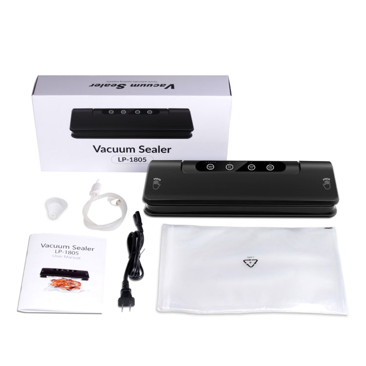 Vacuum sealer kit with black unit, power cord, manual, and clear vacuum bags.