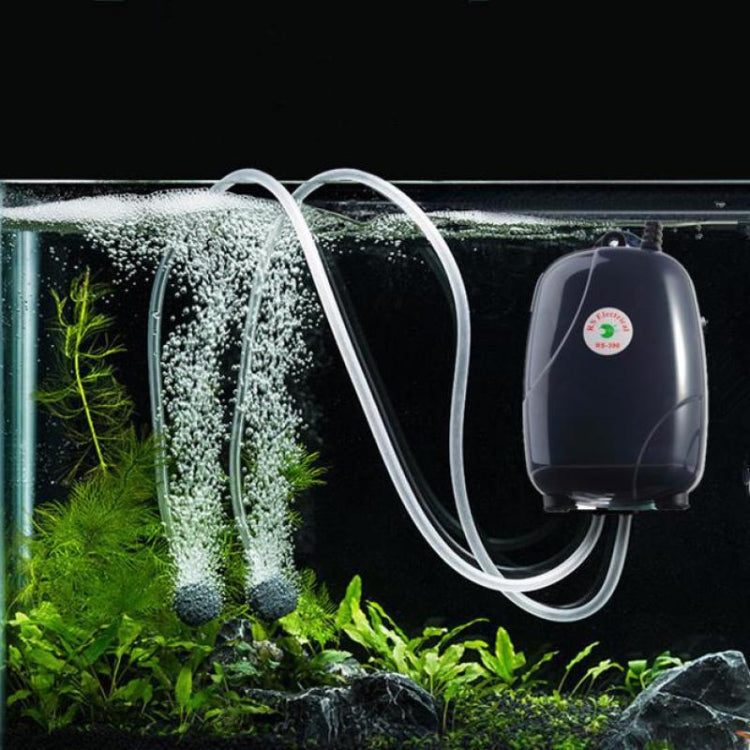 Mounted aquarium air pump with double outlets, dark gray body, connected air tubing