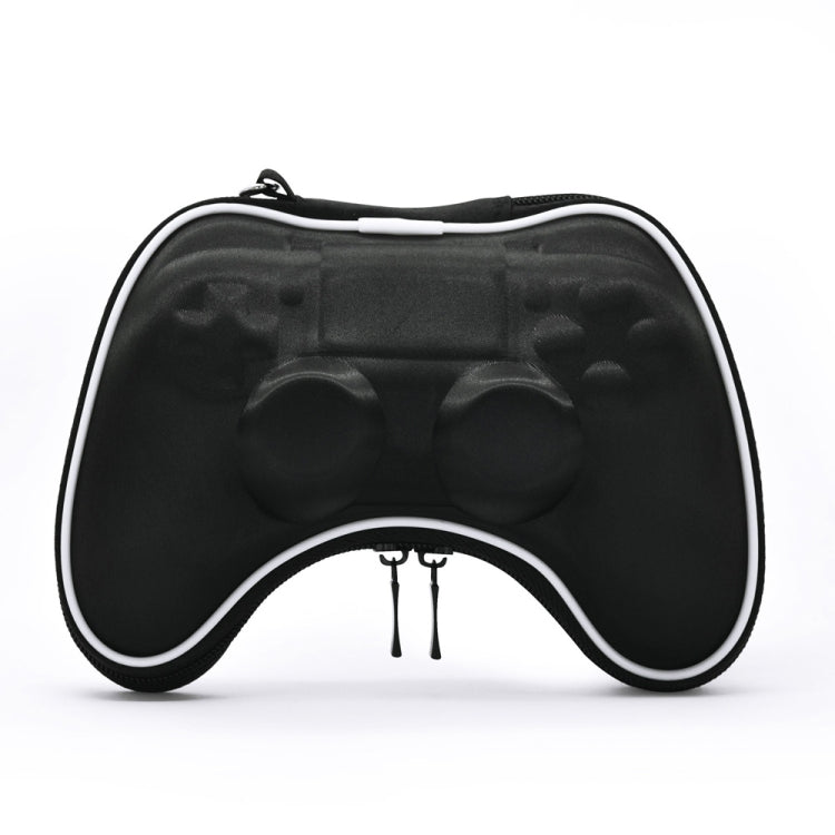 Black EVA gamepad storage bag with white trim, front view with zipper and controller emboss