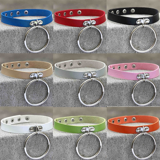 Assorted color leather O-ring choker necklaces with metal hoop and eyelet stud detail