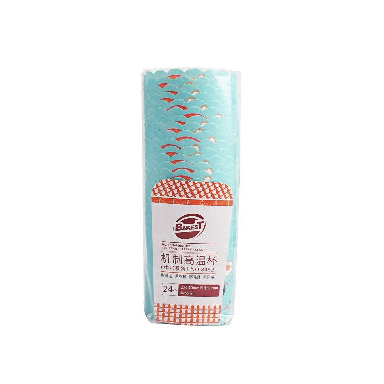 Single pack of round lamination cake cup liners, blue wave pattern, 24-count