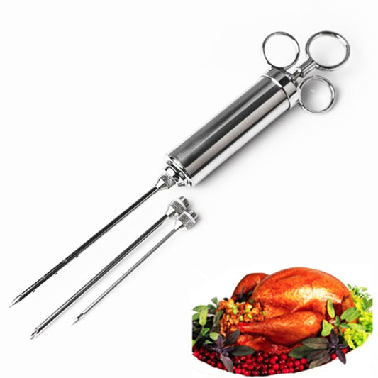 60ml Stainless Steel Syringe Dual Needles Condiment Turkey Meat Injector Cooking Tools, Stainless Steel Marinade Injector