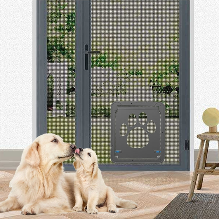 Installed pet screen door with paw-print flap, dogs sitting near the opening
