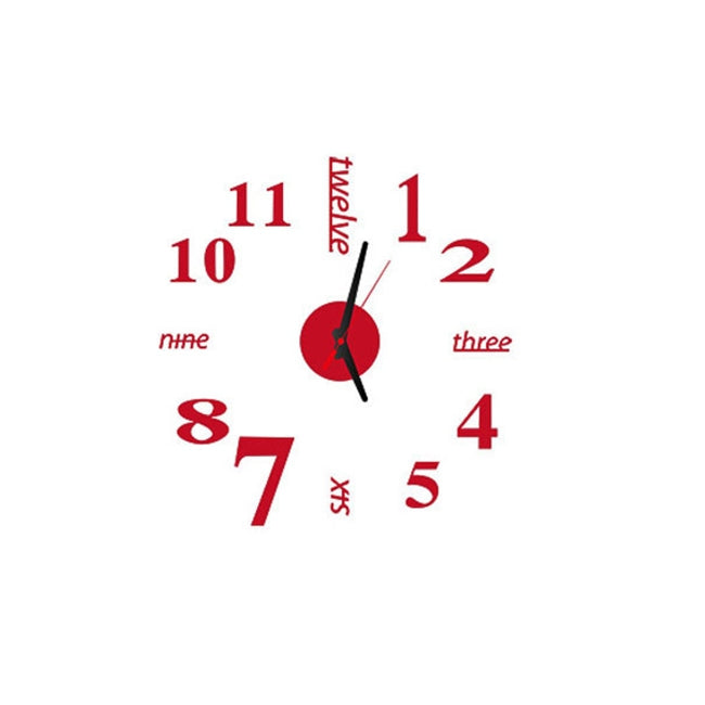 Red acrylic wall clock with black hands and English numeral stickers, round dial