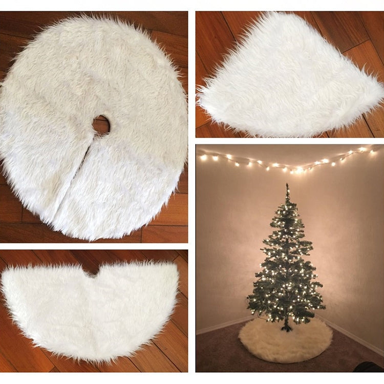 White fuzzy circular tree skirt with center hole, angled views
