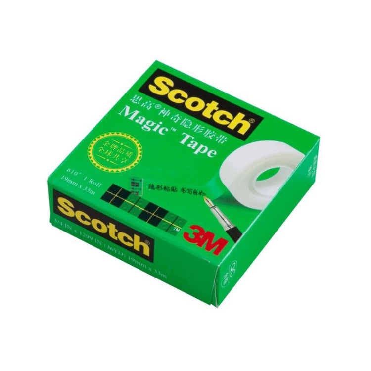 Scotch Magic tape packaging box with clear roll shown for invisible writing repair