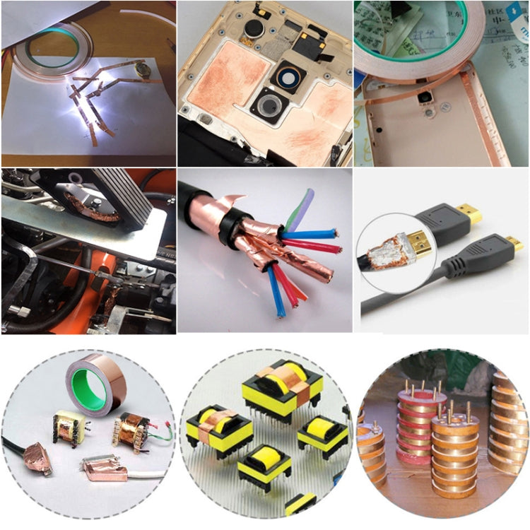 Copper conductive foil tape applied to electronics, roll and contact pieces shown