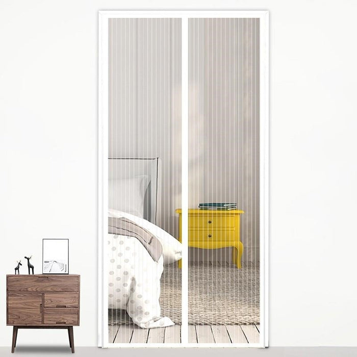 Magnetic mosquito screen door curtain with dark frame, vertical mesh stripe panels