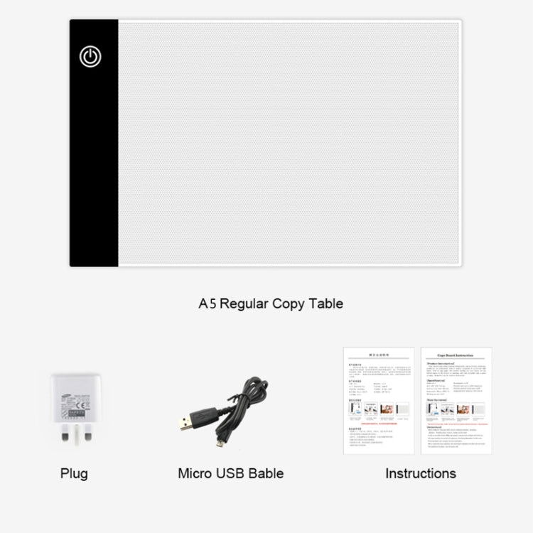 Ultra-thin A5 LED copy board kit with plug, micro-USB cable, and instructions