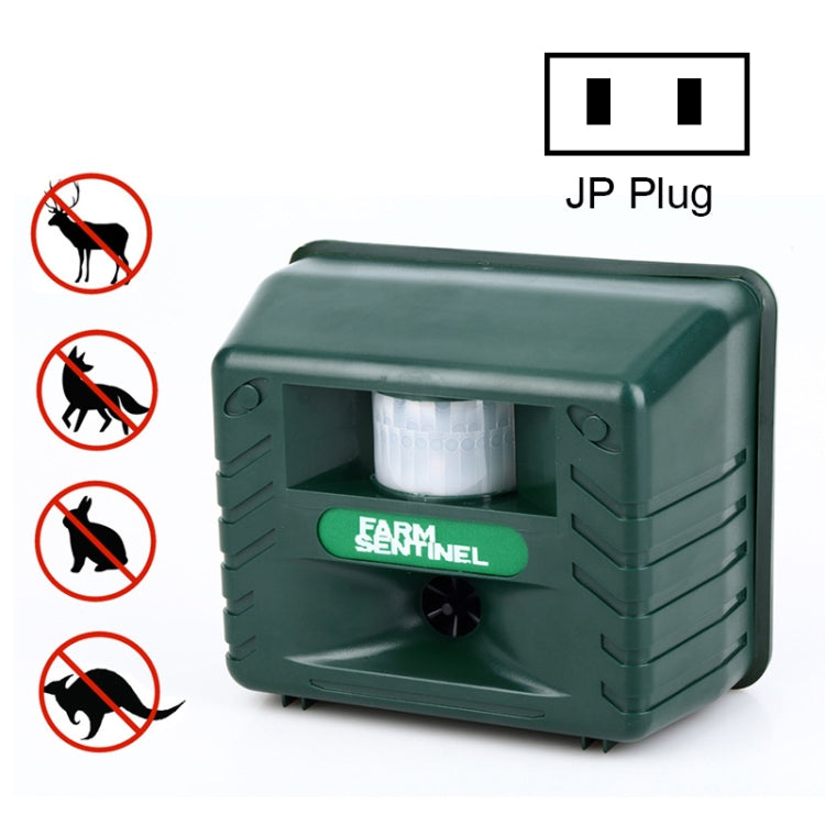 Ultrasonic rat repeller device with JP plug, green-and-gray rectangular housing