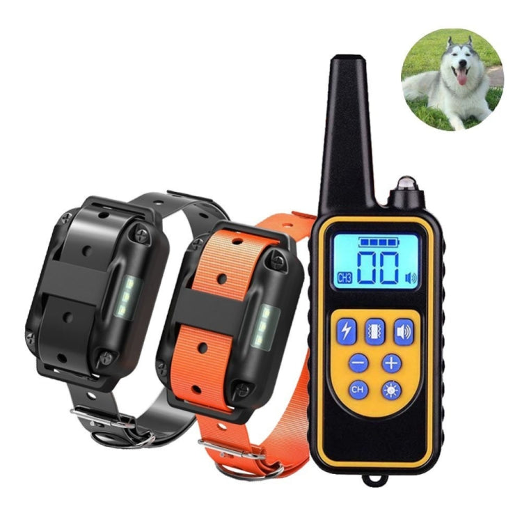 Black and orange rechargeable dog training remote with two collar units and LCD display