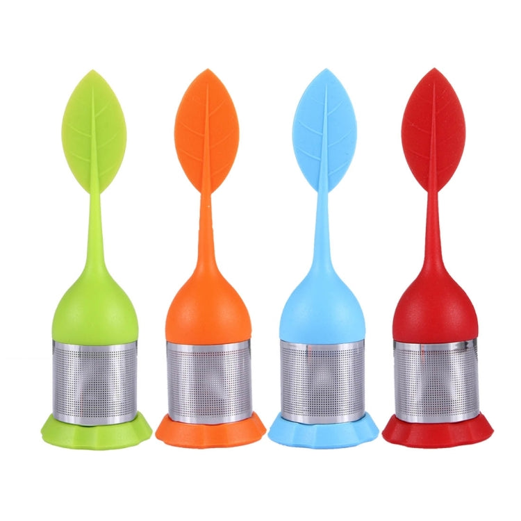 Leaf-shaped silicone tea strainer set with stainless mesh cups in green, orange, blue, red
