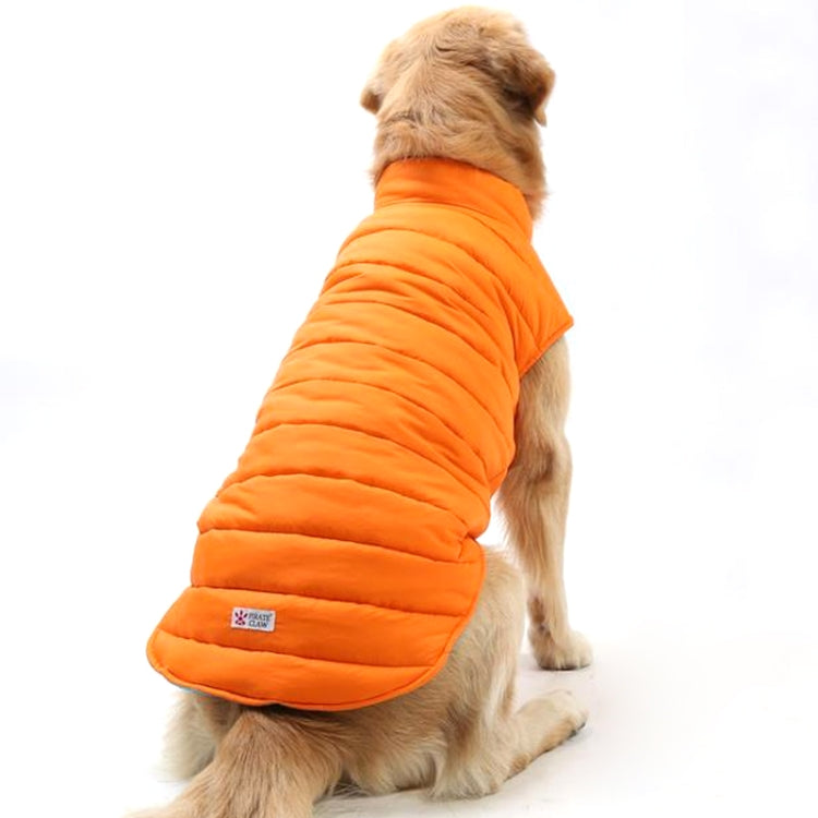Reversible orange dog puffer jacket with high collar, side view on a seated dog