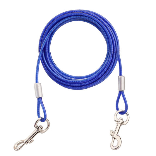 Blue steel wire rope dog traction leash with metal hooks, 10 m, double-end design