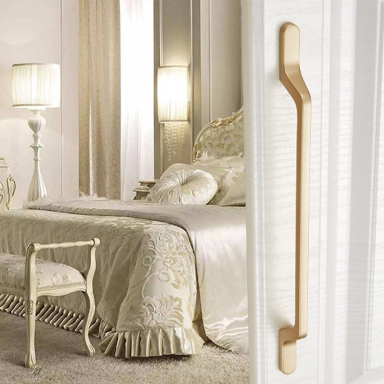 Gold cabinet door pull handle, long curved bar with rounded ends and mounting base