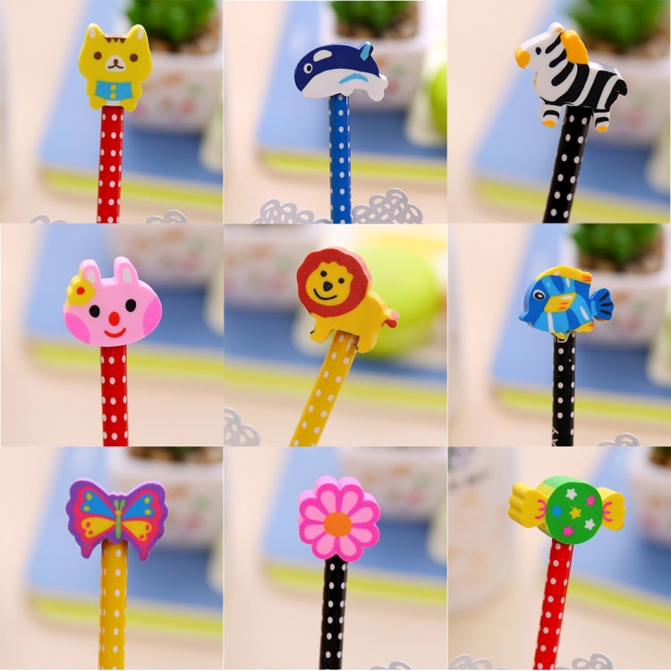 Assorted cartoon animal HB pencils with eraser toppers, including zebra and lion designs