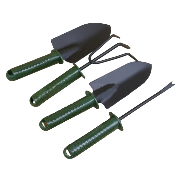 Close-up garden tool set: green-handled spades with dark blades and curved fork tines