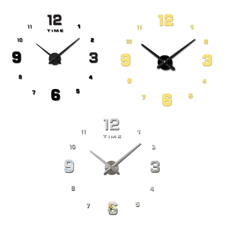Mirrored 3D wall clock sticker set showing black, gold, and silver number layouts
