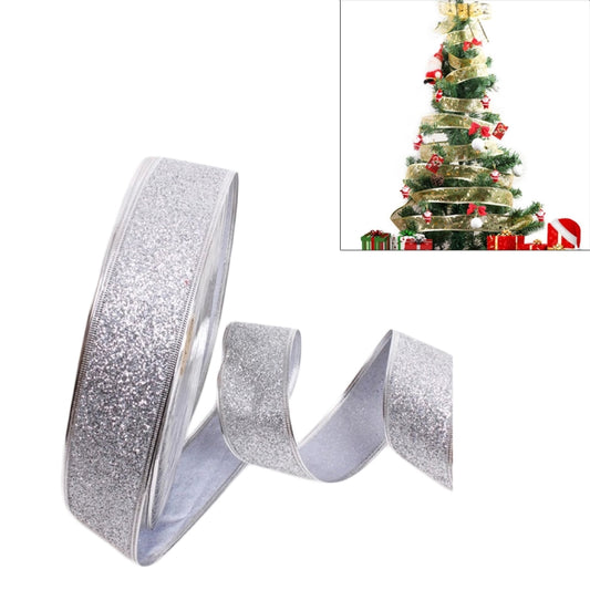 Silver glitter ribbon roll with wired looped lengths, Christmas decoration ribbon