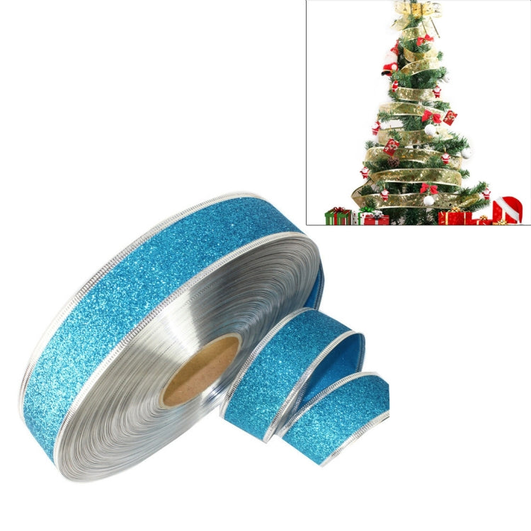 Glitter ribbon roll, baby blue glitter with satin edge and ribbon strip ends for Christmas decor, 2 m