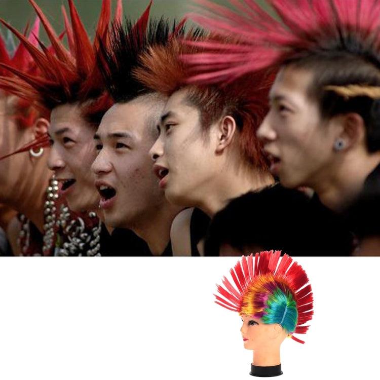 Rainbow mohawk wig on head with red outer strands and multicolor center tuft.
