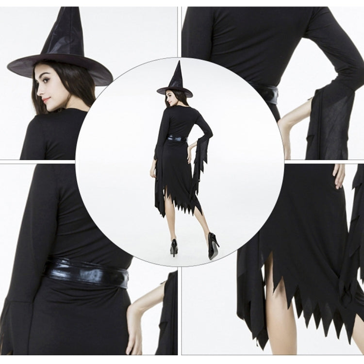 Black witch costume dress, angled view, with asymmetrical jagged skirt hem and slit