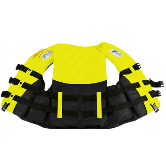 Children's yellow life jacket with black webbing straps and adjustable buckles