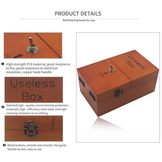Wooden useless box with metal push knob and latch, product detail view