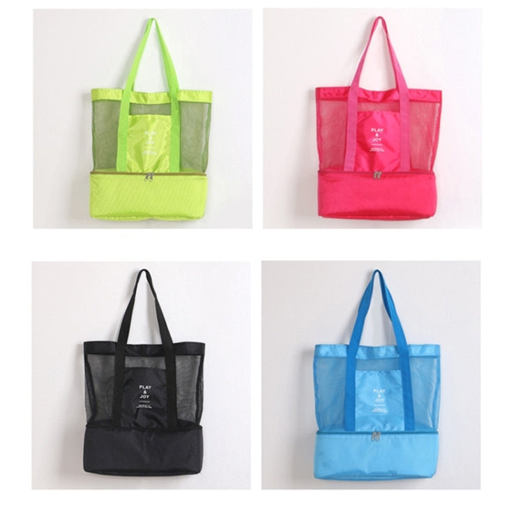 Double-layer mesh sport duffel totes shown in green, pink, black, and blue