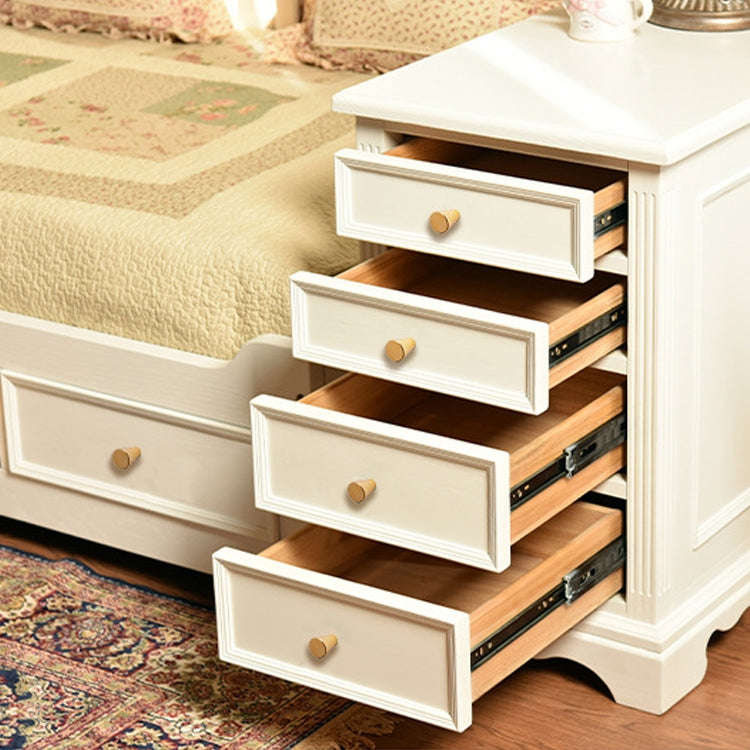 White cabinet drawers with gold round aluminum handles on each drawer front