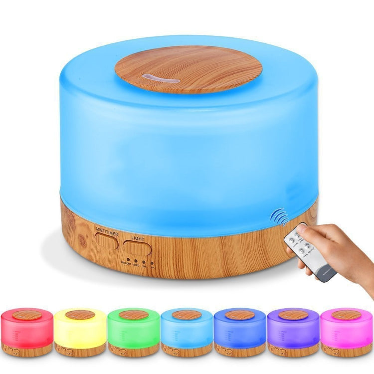 Ultrasonic aroma diffuser humidifier with wood-pattern base, blue top, and remote control