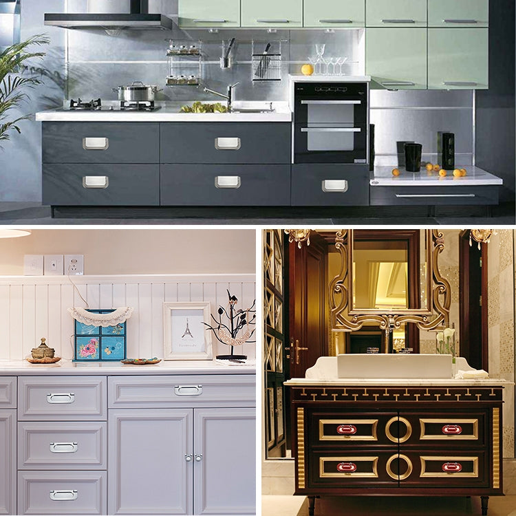 Kitchen and vanity drawers featuring hidden buckle handles on front panels