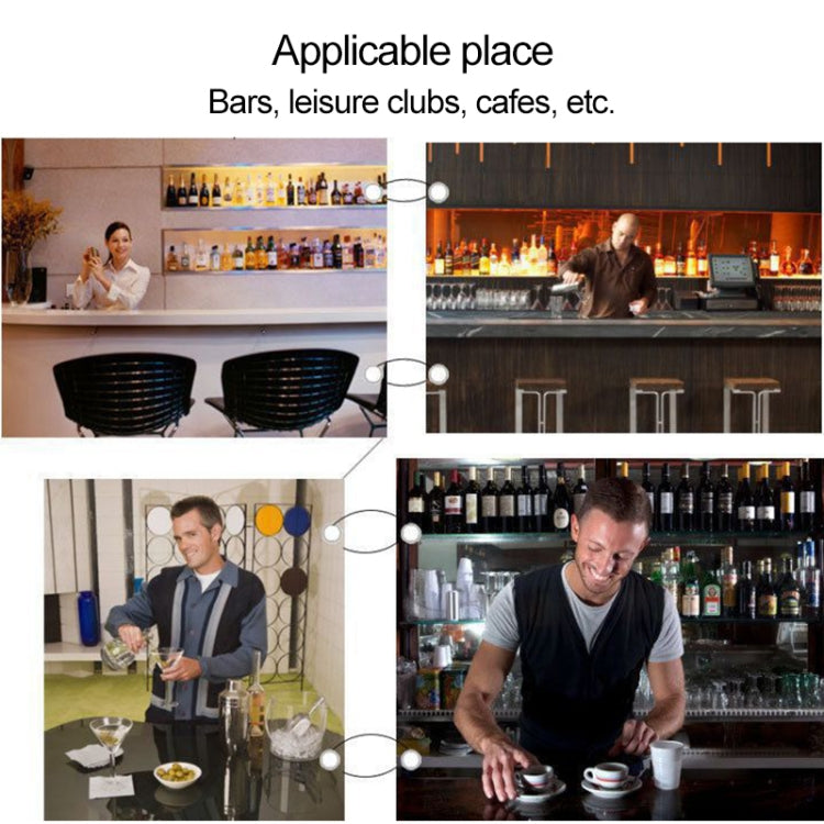Cocktail shaker tools set in bar settings, shown with bartender preparing drinks
