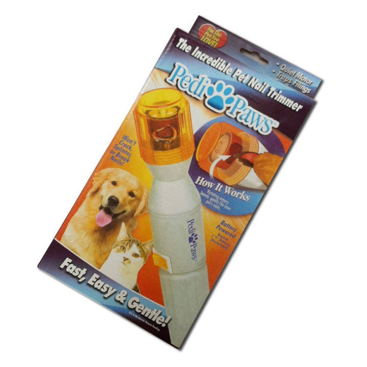 Pet nail grinder retail package with device pictured, orange and white design
