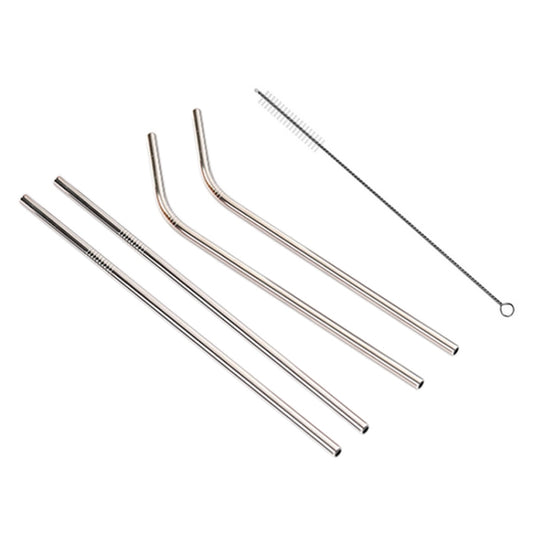 Silver stainless steel drinking straws with long cleaning brush, set