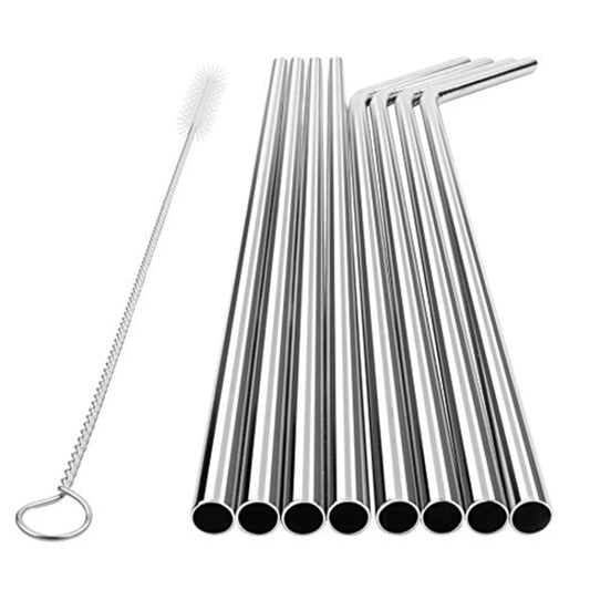 Reusable silver stainless steel straight drinking straws with cleaning brush.