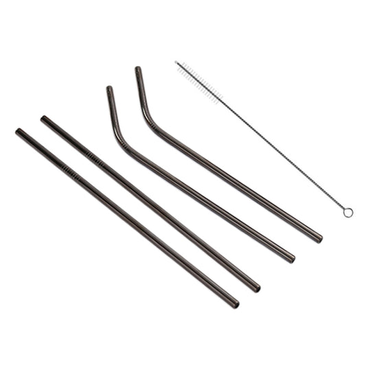 Black reusable stainless steel drinking straw set with long cleaning brush