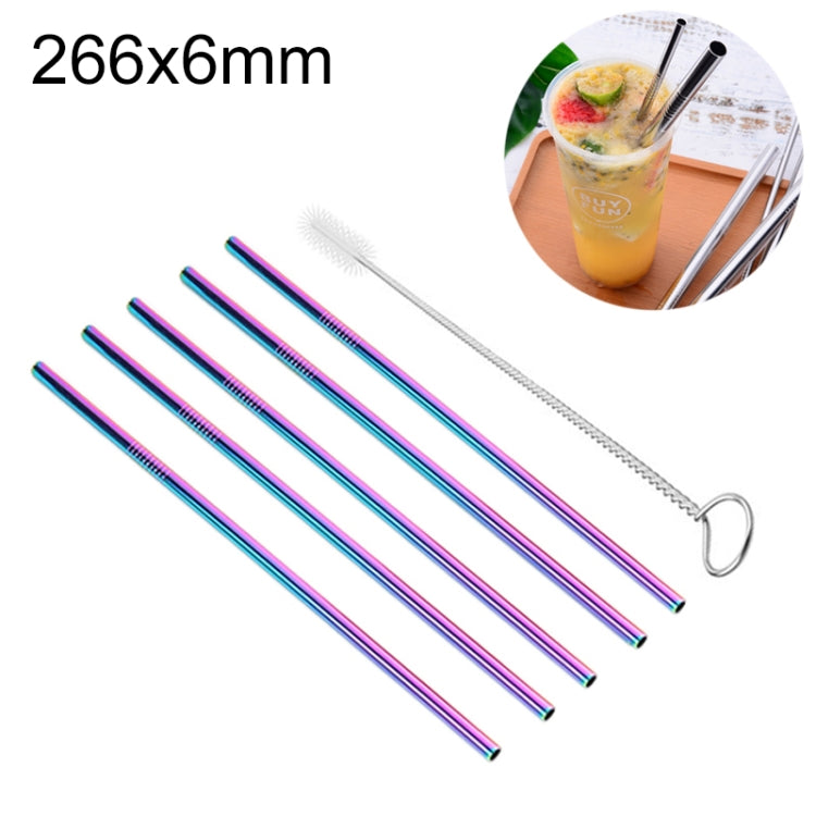 Reusable straight stainless steel drinking straw set with cleaning brush, multicolor rainbow