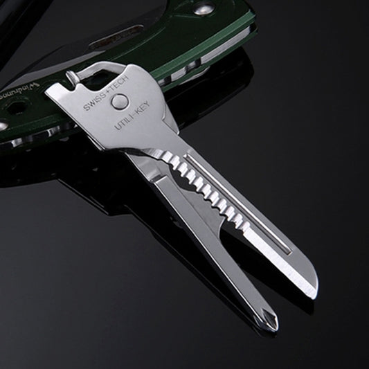 Stainless steel keychain multi-tool with serrated blade and screwdriver bit
