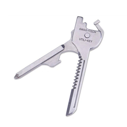 Stainless steel multi-tool keychain with fold-out blade, screwdriver, and bottle opener