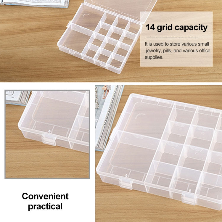 Clear 14-grid capacity storage box with divided compartments for small accessories