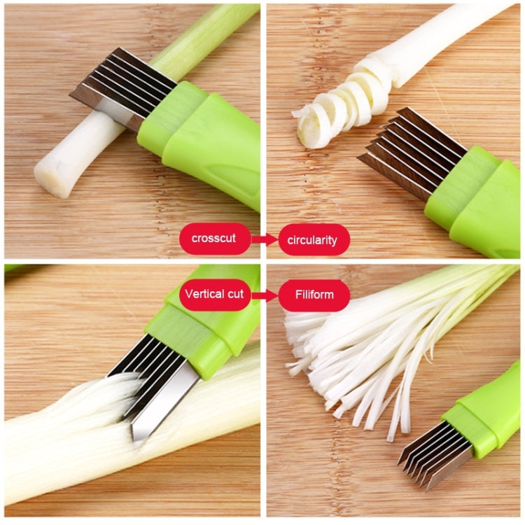 Onion slicer tool in multiple views, stainless comb blade cutting green onion