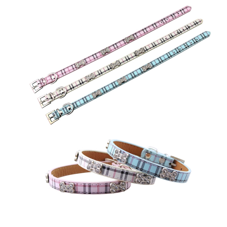 Set of plaid PU dog collars: pink and blue with rhinestone bone charms and metal buckles