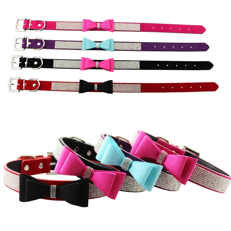 Pack of dog collars with rhinestone bands and bowknot accents in pink, teal, and black