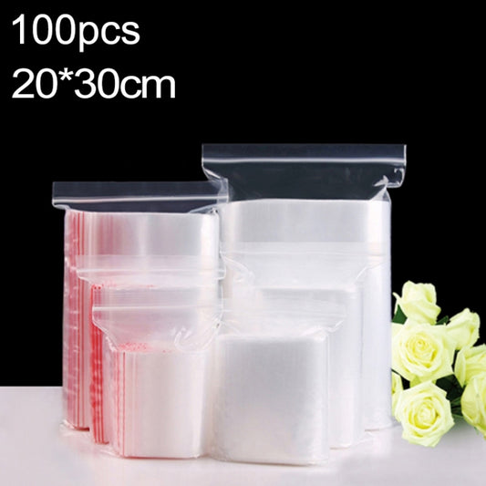 Clear PE zip-lock packaging bags, 20x30cm, 100-pack—stacked with seal tops