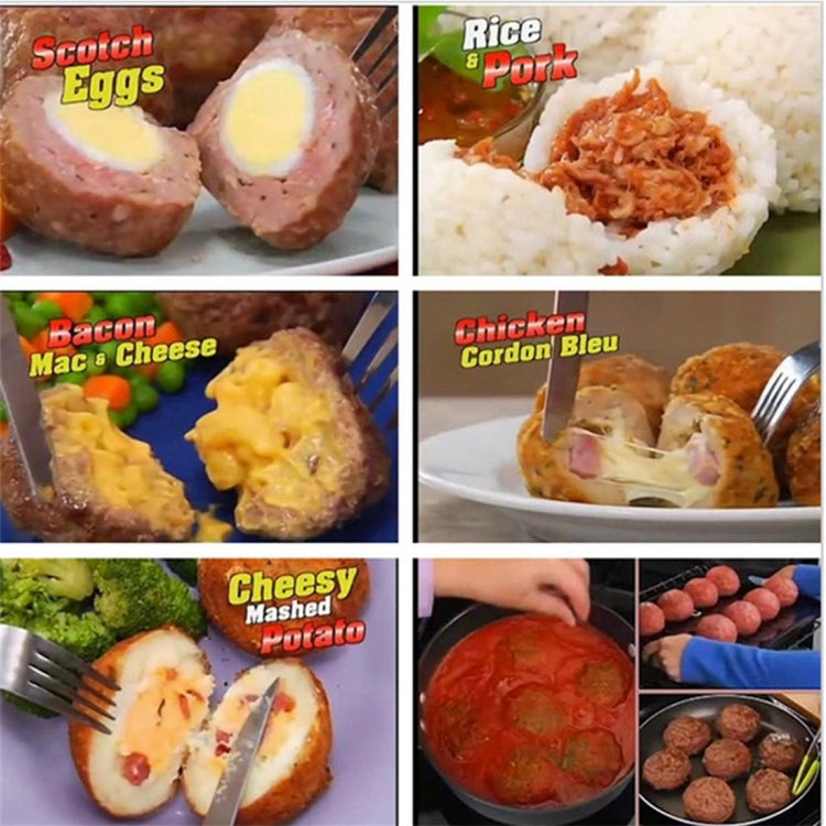 Meatball stuffing maker recipe collage with cooked stuffed balls and slices