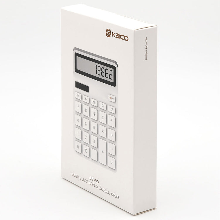 Retail packaging box for LEMO desk electronic calculator with product window display